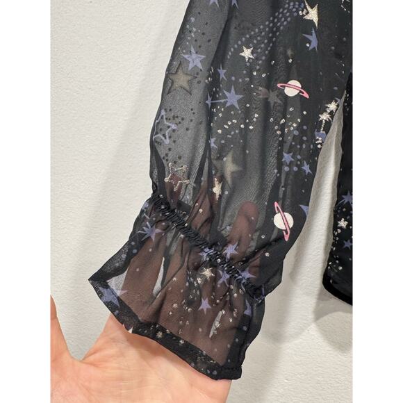 H&M Smocked Space Top Girls Size 14Y Moon Stars Sparkle Long Sleeve Party Blouse - Picture 6 of 9